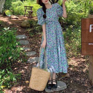Puff-sleeve Round-neck Floral Dress