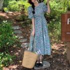 Puff-sleeve Round-neck Floral Dress