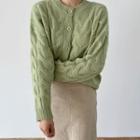 Round-neck Cable-knit Cardigan Yellow Green - One Size