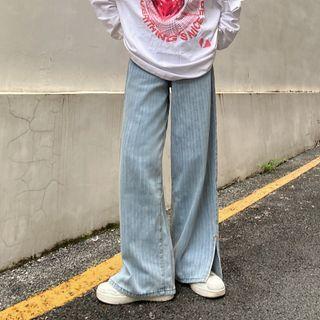 Striped Straight Leg Slit Jeans