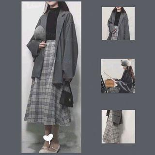 Set Of 3: Blazer + Plain Top + Plaid Midi Skirt