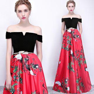Printed Off-shoulder Evening Gown
