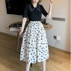 Set: Short-sleeve Collared Top + Dotted Skirt