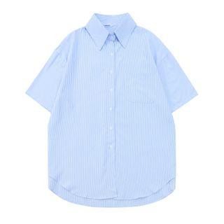 Short-sleeve Striped Shirt Blue - One Size