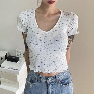 V-neck Floral Print Ruffled Trim Crop Top