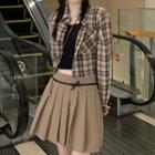 Plain Crop Tank Top/ Long-sleeve Plaid Loose Fit Shirt/ High-waist Bow-accent Pleated Mini Skirt