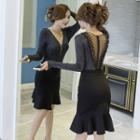 Set: V-neck Long-sleeve Knit Top + Ruffle Hem Pencil Skirt