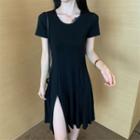 Plain Short-sleeve Slit Midi A-line Dress Black - One Size