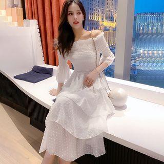 Off-shoulder Midi Chiffon Layered Dress