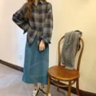 V-neck Sweater Vest / Plaid Shirt / Midi A-line Skirt