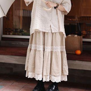 Lace Hem Tiered Skirt Linen - One Size