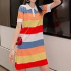 Short-sleeve Striped Knit Polo Dress As Shown In Figure - One Size