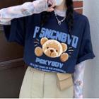 Short-sleeve Bear Print T-shirt / Long-sleeve Tie-dye Print Top