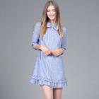 Frill Trim Bow Accent Striped Elbow Sleeve Dress