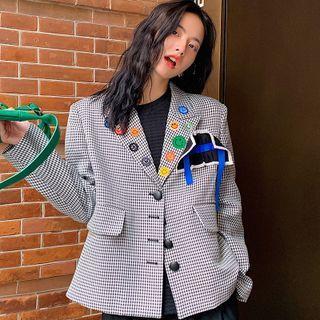 Smiley Face Embroidered Plaid Blazer