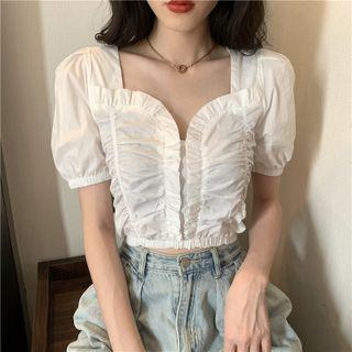 V-neck Puff-sleeve Plain Blouse