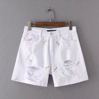 Flamingo Embroidered Distressed Denim Shorts