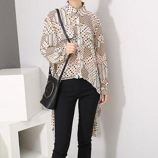 Long-sleeve Patterned Asymmetric Chiffon Shirt Yellow - One Size