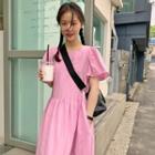 Short-sleeve Square Neck Loose Fit Dress Pink - One Size