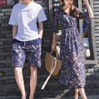 Couple Matching Short-sleeve T-shirt / Shorts / Elbow-sleeve A-line Midi Dress