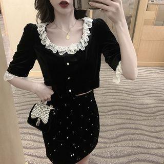 Color-block Elbow-sleeve Blouse / High-waist Skirt