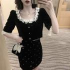 Color-block Elbow-sleeve Blouse / High-waist Skirt