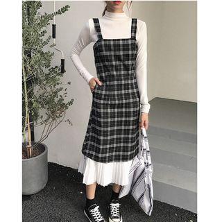 Mock Neck Long-sleeve T-shirt / Plaid Midi Pinafore Dress