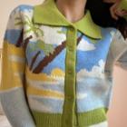 Printed Collared Cardigan White & Green & Yellow & Blue - One Size