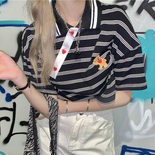 Bear Embroidered Striped Cropped Polo Shirt Black - One Size