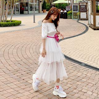 Off-shoulder Tulle-panel Long Tiered Dress