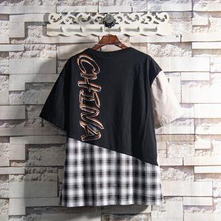 Short-sleeve Plaid Panel Lettering Print T-shirt