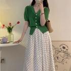 Short-sleeve Button-up Knit Top / Dotted Skirt
