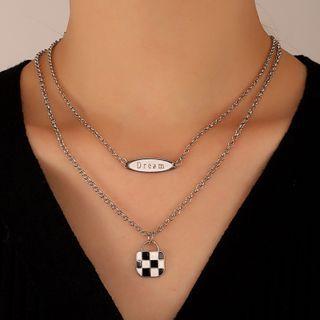 Checker Print Bag Necklace 01 - Black & White & Silver - One Size