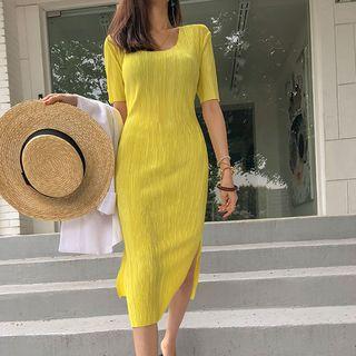 Accordion-pleat Midi Sheath Dress
