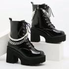 Platform Block Heel Chained Lace Up Short Boots