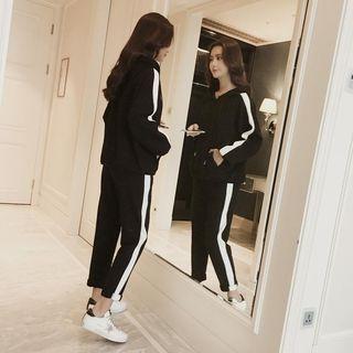 Set: Contrast Trim Hoodie + Drawstring Jogger Pants