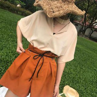Plain Cut Out Front Elbow Sleeve Chiffon Top / Plain Wide Leg Shorts