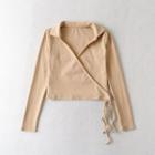 Long-sleeve Collared Tie-waist Crop Top