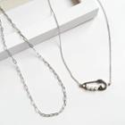 Set Of 2: Metal Choker + Faux Pearl Safety Pin Pendant Necklace