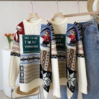 Bear Print Color Block Sweater Off-white - One Size
