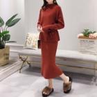 Set : Mock-neck Long-sleeve Top + Midi Skirt