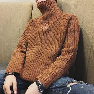 Mock Neck Cat Embroidered Sweater
