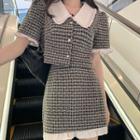 Short-sleeve Plaid Cropped Blouse / Mini Pencil Skirt