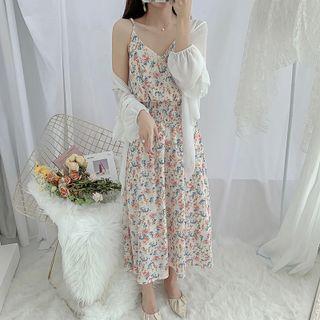 Spaghetti Strap Floral Printed Midi A-line Dress / Puff-sleeve Shirt