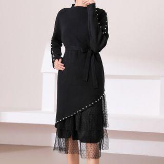 Long-sleeve Mesh Panel Beaded Knit Midi Dress