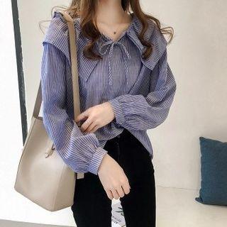 Long-sleeve Peter Pan Collar Stripe Lace-up Loose Fit Shirt