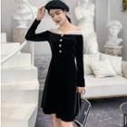 Off-shoulder Long-sleeve Mini A-line Velvet Dress