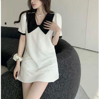 Ribbon-collar Colorblock Mini Dress