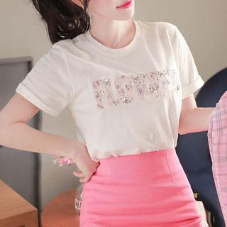 Flower Beaded Lace-trim T-shirt