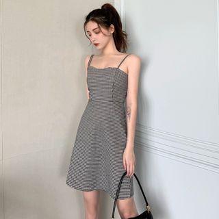 Spaghetti Strap Mini Plaid Dress Black & White - One Size